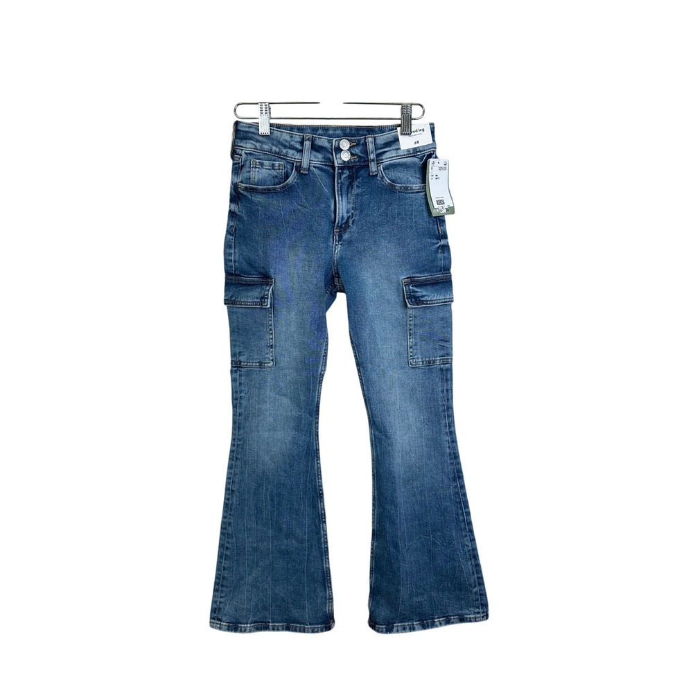H&M Kids Girls Blue Denim Flare Cargo‎ Jeans Adjustable Waist Size 12